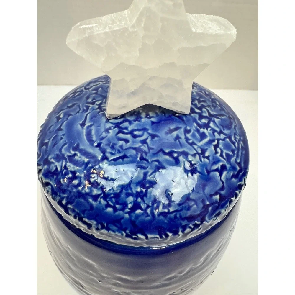 Celestial Art Pottery Cobalt Blue Textured Ceramic Jar with Crystal Star‎ Finial